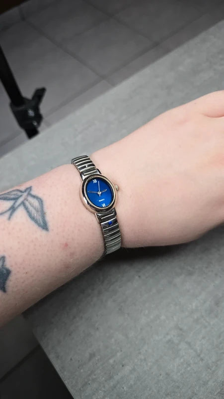 bracelet montre vintage maillon - neuf - argenté - strass bleu foncé marine acier inoxydable - élastique