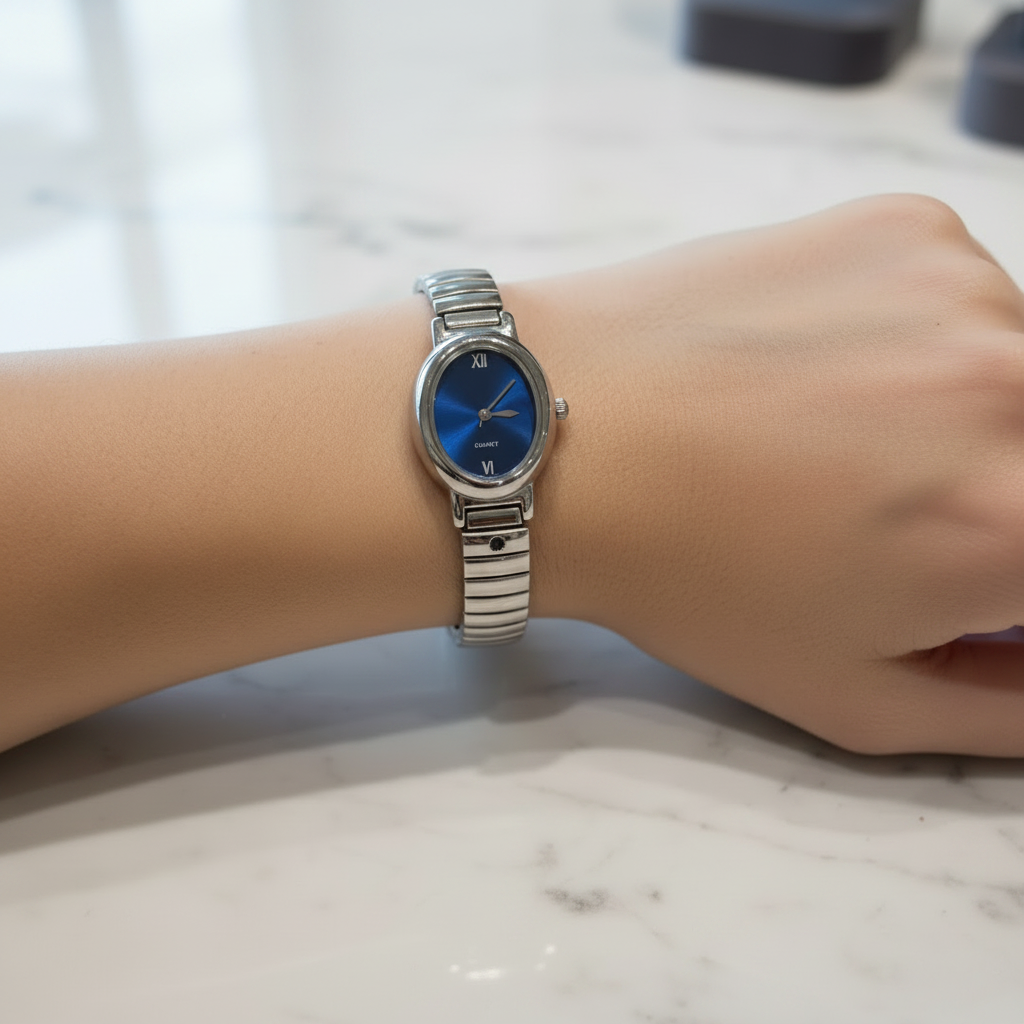 bracelet montre vintage maillon - neuf - argenté - strass bleu foncé marine acier inoxydable - élastique