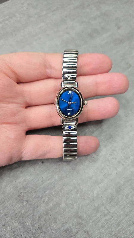 bracelet montre vintage maillon - neuf - argenté - strass bleu foncé marine acier inoxydable - élastique