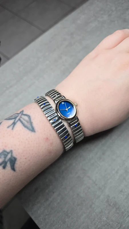 bracelet montre vintage maillon - neuf - argenté - strass bleu foncé marine acier inoxydable - élastique