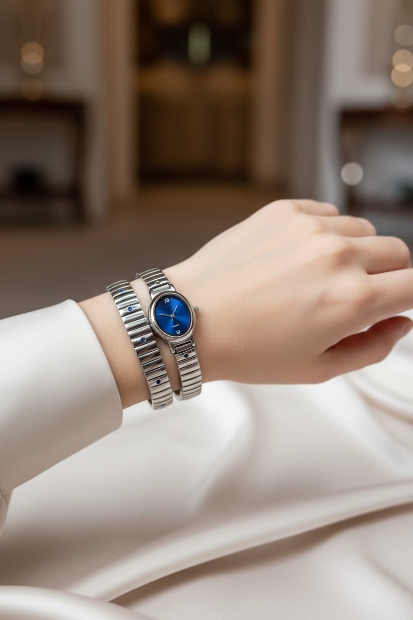 bracelet montre vintage maillon - neuf - argenté - strass bleu foncé marine acier inoxydable - élastique