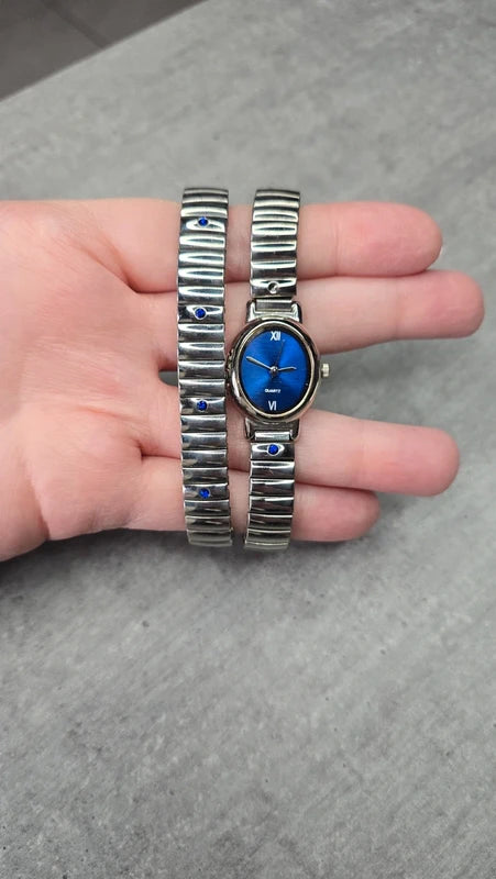 bracelet montre vintage maillon - neuf - argenté - strass bleu foncé marine acier inoxydable - élastique