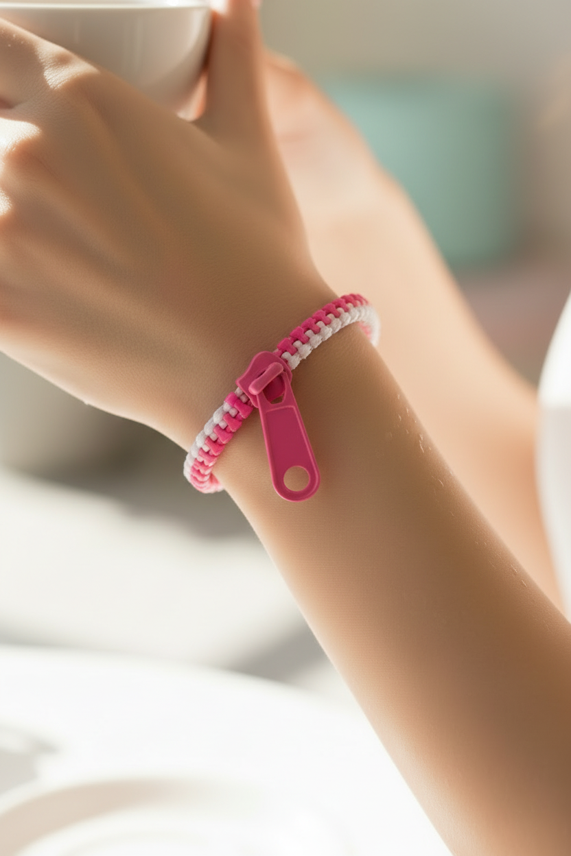bracelet vintage - neuf - fermeture éclair véritable ouvrant - argenté gris clair ou blanc rose - original rare Y2K fun