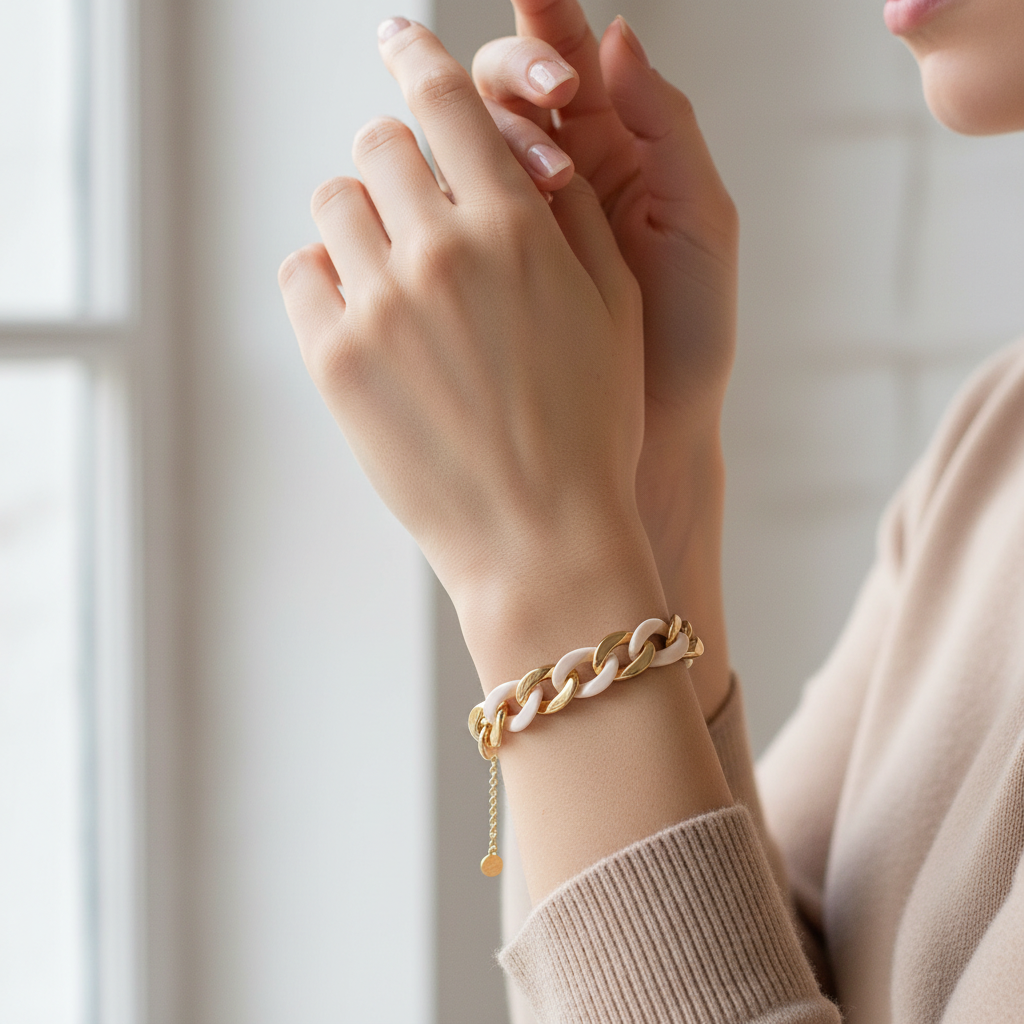 bracelet - fait main - chaine acier inoxydable doré - maillon résine marbré marron caramel blanc - tendance