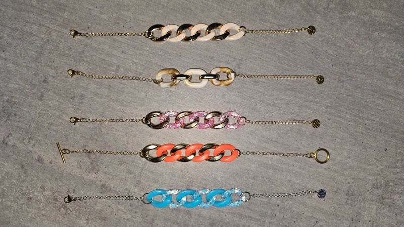 bracelet - fait main - chaine acier inoxydable doré - maillon résine marbré marron caramel blanc - tendance