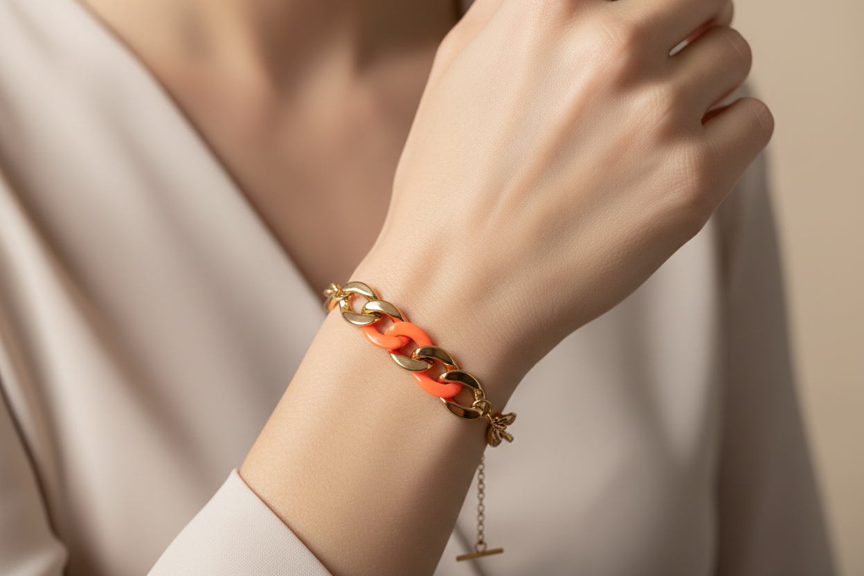 bracelet - fait main - chaine acier inoxydable doré - maillon résine marbré marron caramel blanc - tendance