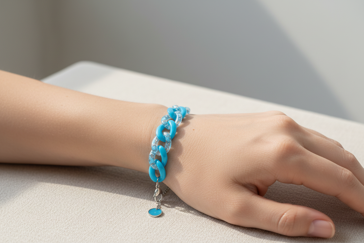 bracelet - fait main - chaine acier inoxydable doré - maillon résine marbré marron caramel blanc - tendance