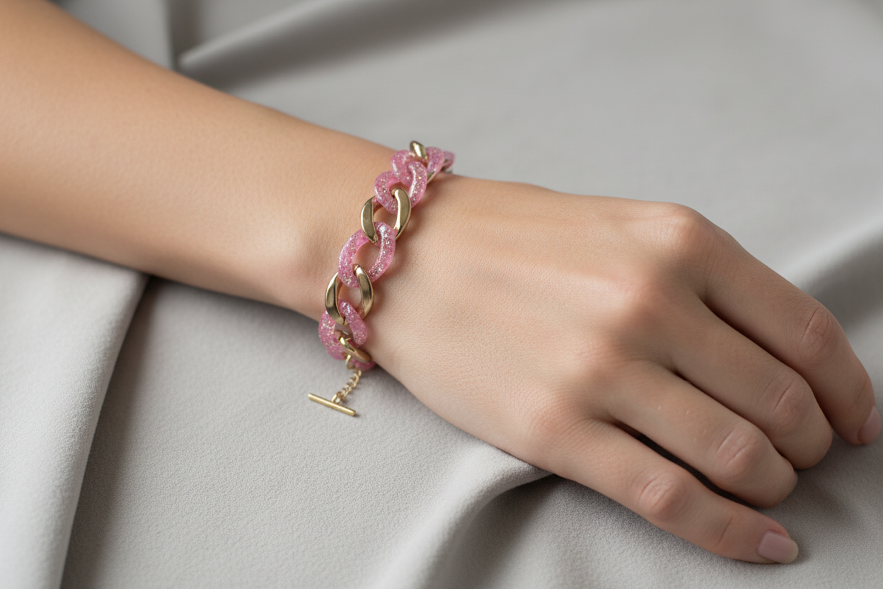 bracelet - fait main - chaine acier inoxydable doré - maillon résine marbré marron caramel blanc - tendance