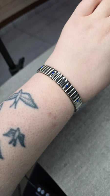bracelet montre vintage maillon - neuf - argenté - strass bleu foncé marine acier inoxydable - élastique