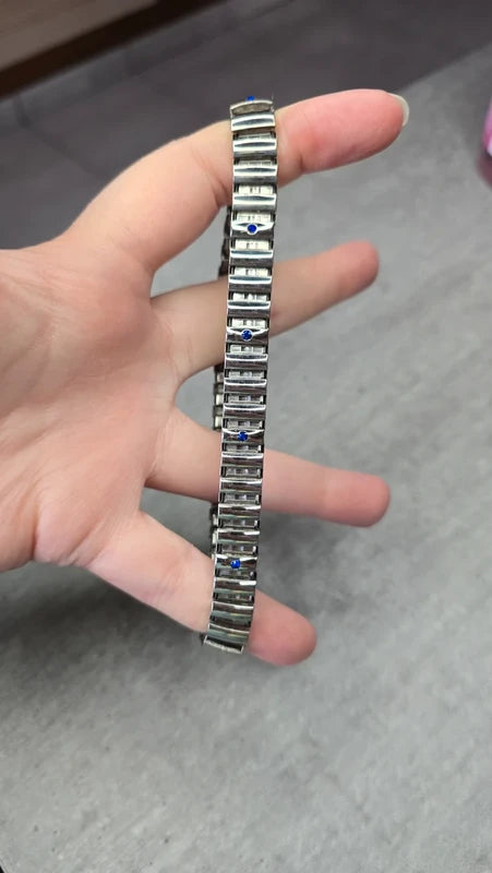 bracelet montre vintage maillon - neuf - argenté - strass bleu foncé marine acier inoxydable - élastique
