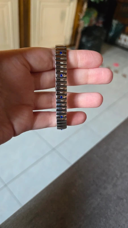 bracelet montre vintage maillon - neuf - argenté - strass bleu foncé marine acier inoxydable - élastique