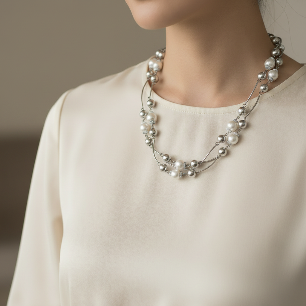 collier sautoir vintage - neuf - perles facettes argentées perles blanches nacrées design argentés - articulé