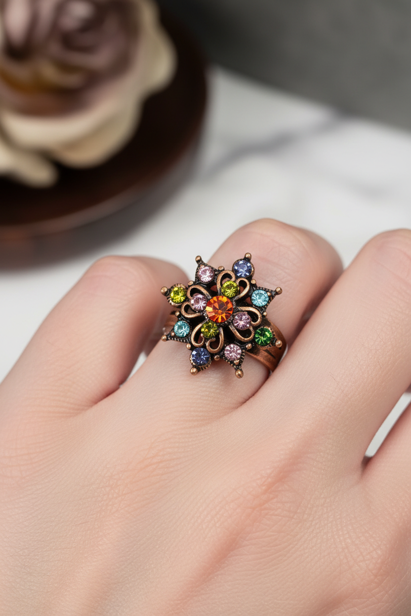 bague vintage - neuf - laiton - fleur multicolore strass brillants - relief volume rétro - ajustable - élégant chic