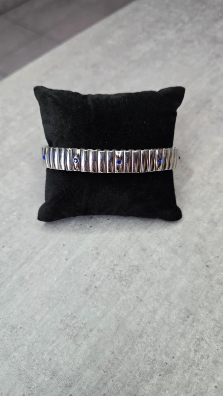 bracelet montre vintage maillon - neuf - argenté - strass bleu foncé marine acier inoxydable - élastique