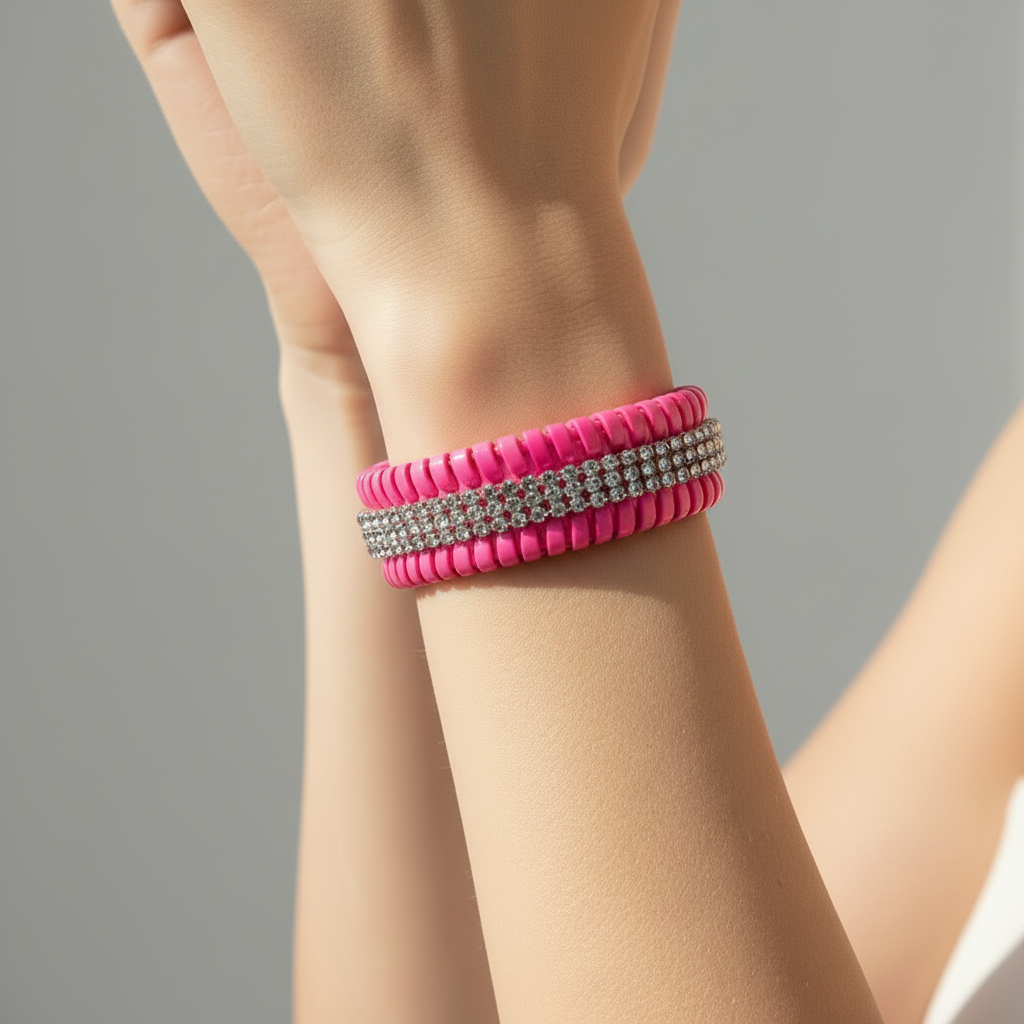 bracelet manchette - rose fuchsia fluo - simili cuir - strass argenté brillant - boutons pressions - Y2K tendance chic élégant