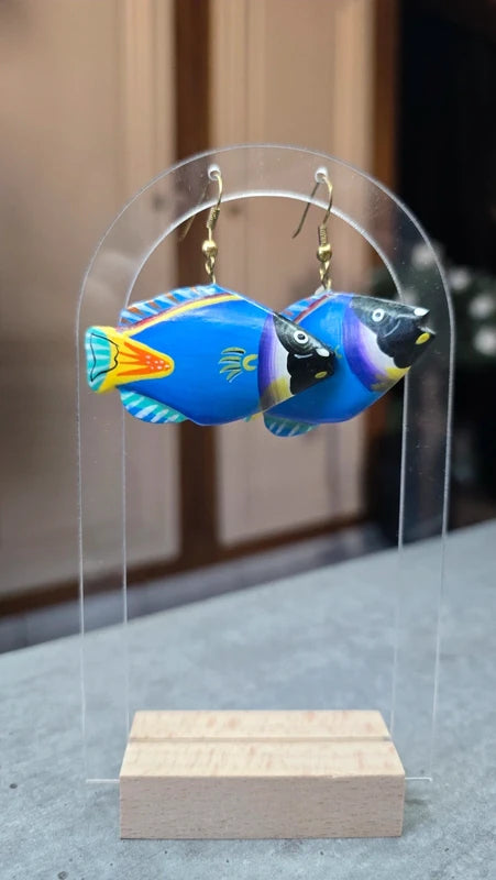boucles d'oreilles vintage années 80 - neuf - en bois - poissons originales - rares - colorées - légères