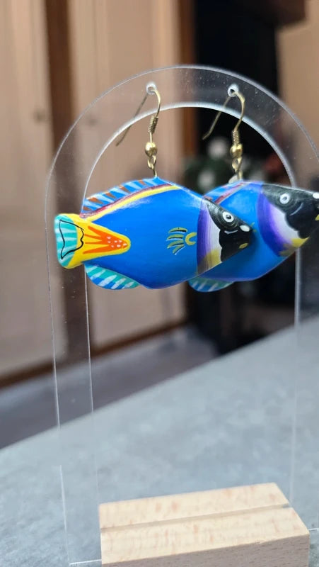 boucles d'oreilles vintage années 80 - neuf - en bois - poissons originales - rares - colorées - légères