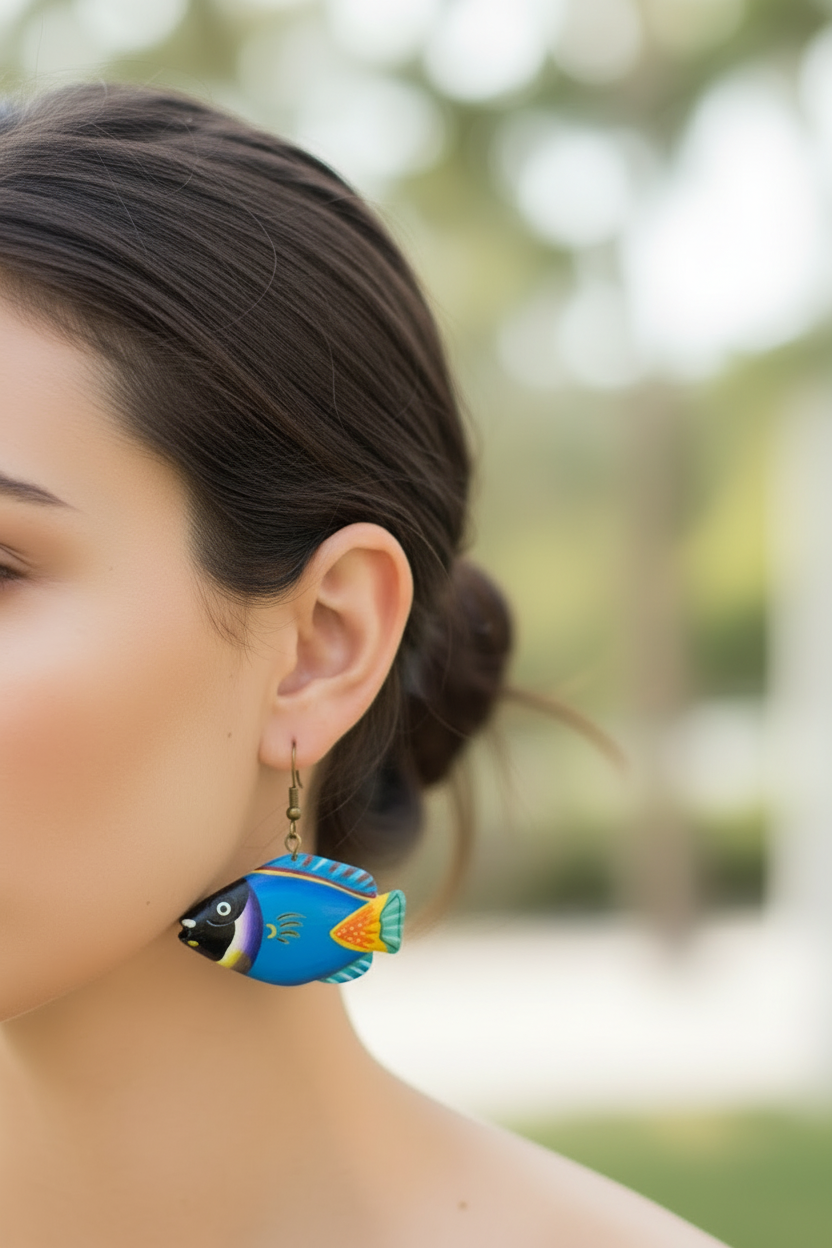 boucles d'oreilles vintage années 80 - neuf - en bois - poissons originales - rares - colorées - légères