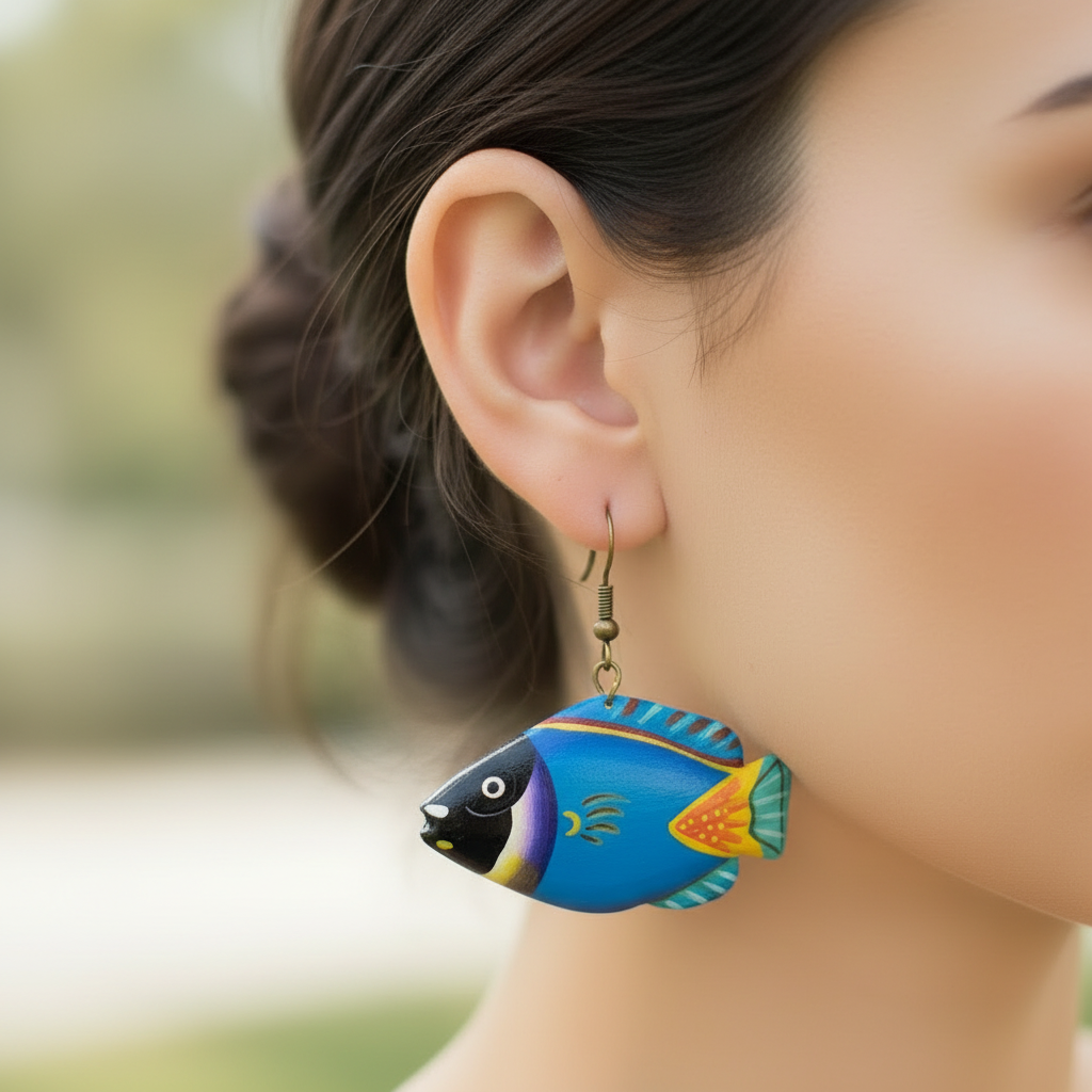 boucles d'oreilles vintage années 80 - neuf - en bois - poissons originales - rares - colorées - légères
