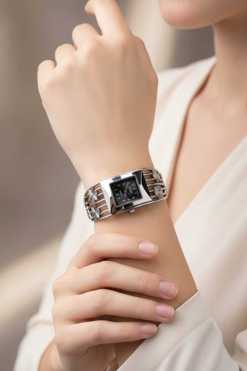 montre vintage - argenté - ajustable - papillon fleurs sur le bracelet - chic tendance élégant légère
