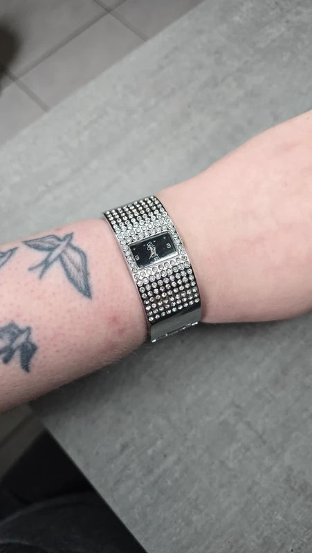 montre vintage - strass brillant - argenté - style bijou élégant chic glamour - effet bracelet manchette