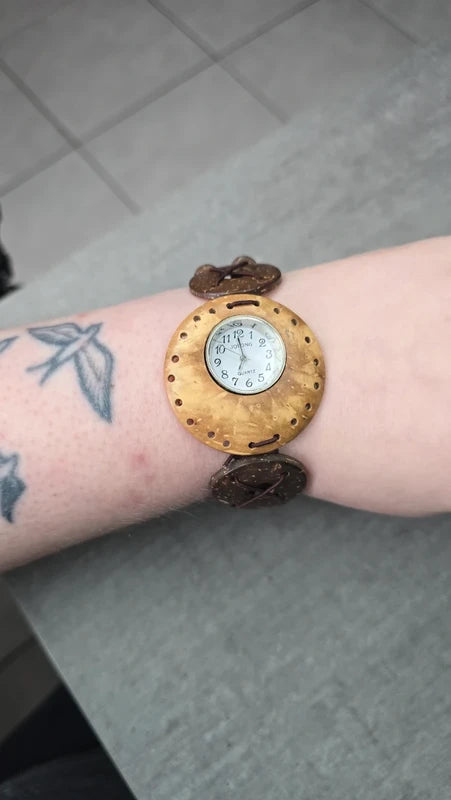 montre vintage - neuf - perles bois naturel bois de coco - style ethnique oriental - élastique