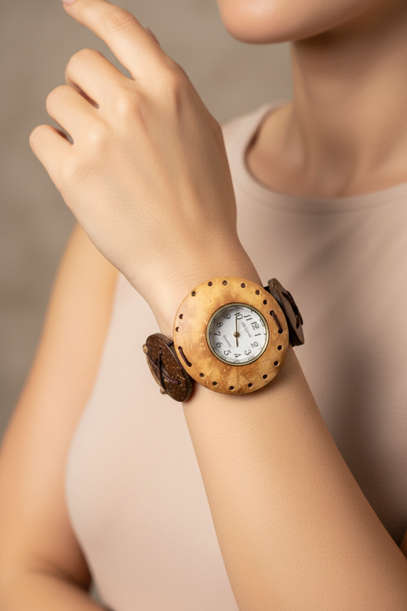montre vintage - neuf - perles bois naturel bois de coco - style ethnique oriental - élastique