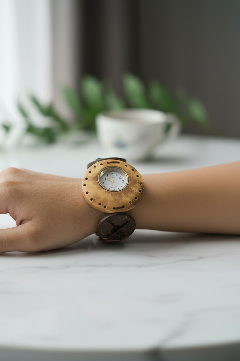 montre vintage - neuf - perles bois naturel bois de coco - style ethnique oriental - élastique