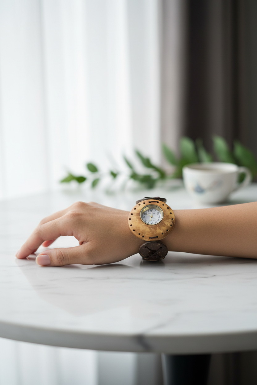 montre vintage - neuf - perles bois naturel bois de coco - style ethnique oriental - élastique