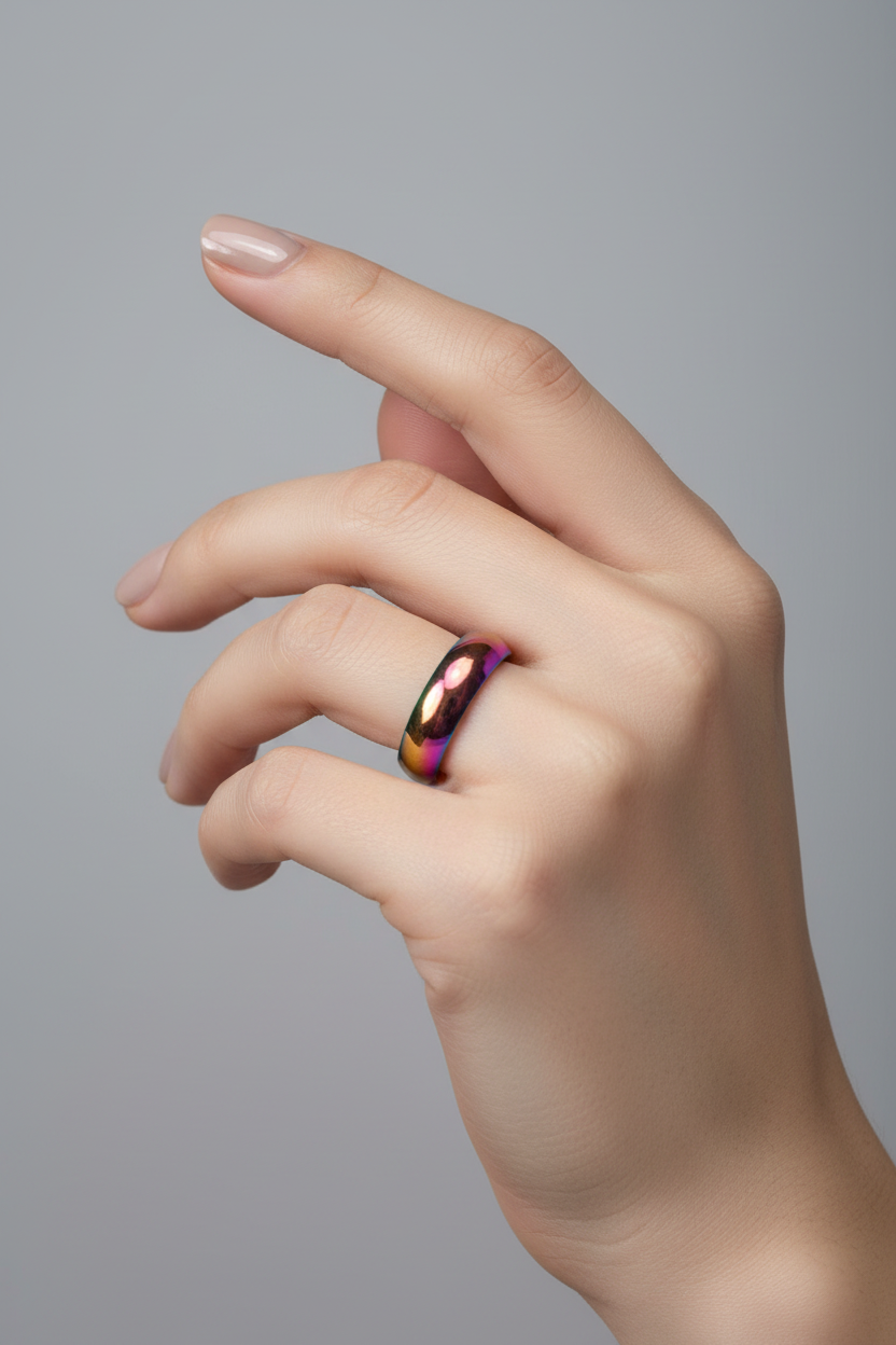 bague - neuf - acier inoxydable - irisé multicolore effet arc en ciel - mixte homme femme - taille 21 mm