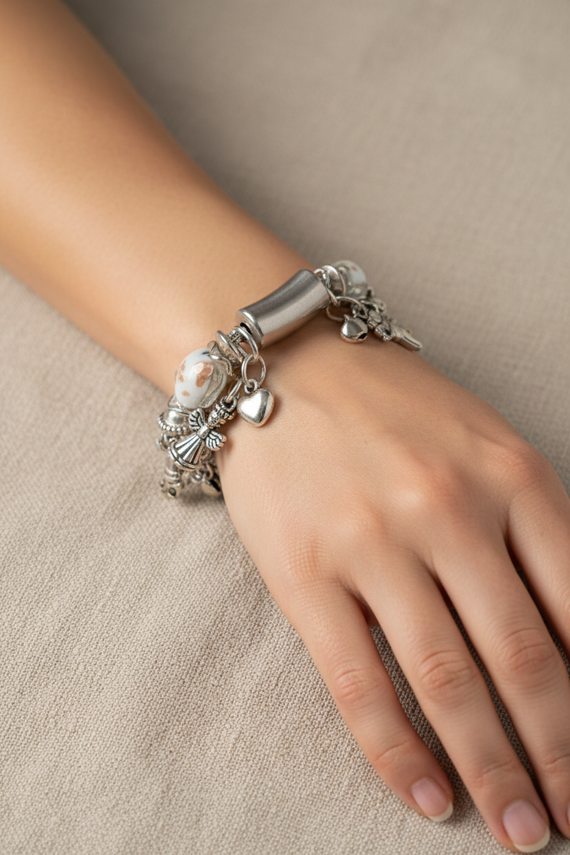 bracelet manchette vintage - neuf - charms breloques - coeur perles argenté blanc paillettes - relief