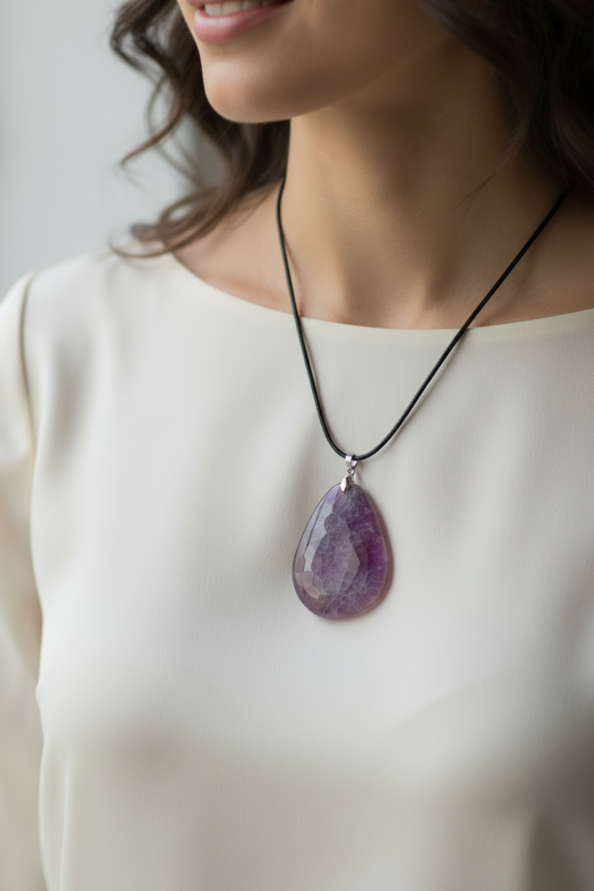 collier - neuf - grand pendentif - pierre naturelle violette - agate - hauteur 6 cm