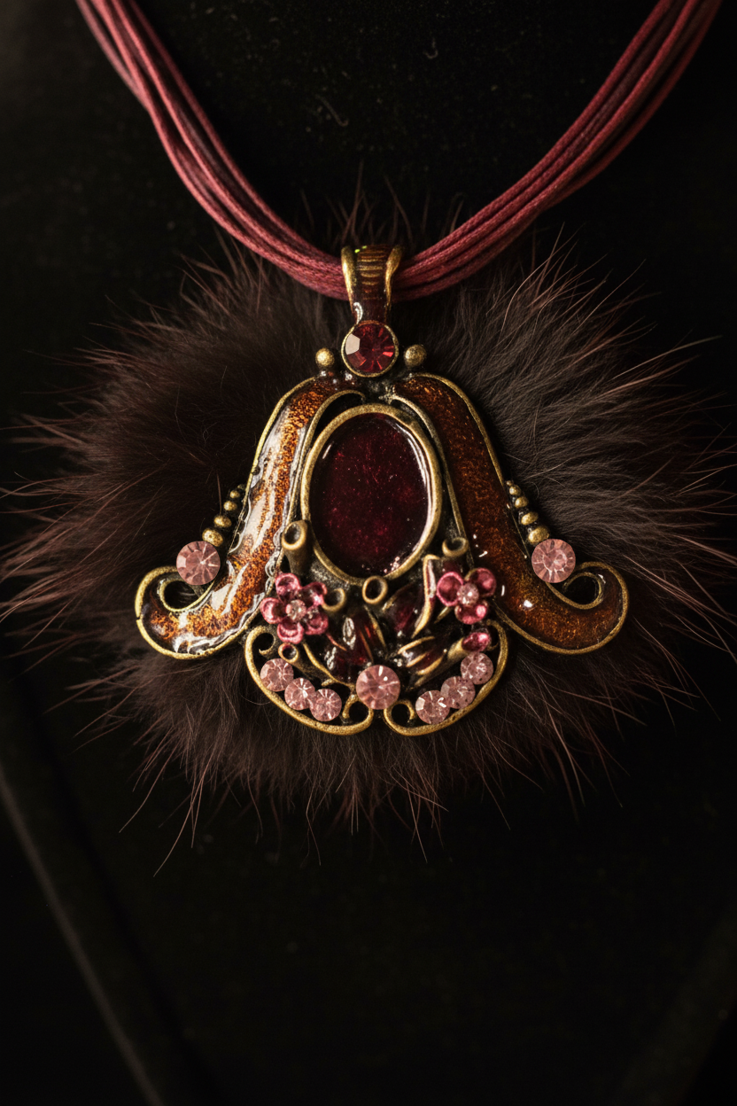 collier vintage - neuf - pendentif baroque fleurs fourrure strass relief brillant - rose rouge bordeaux