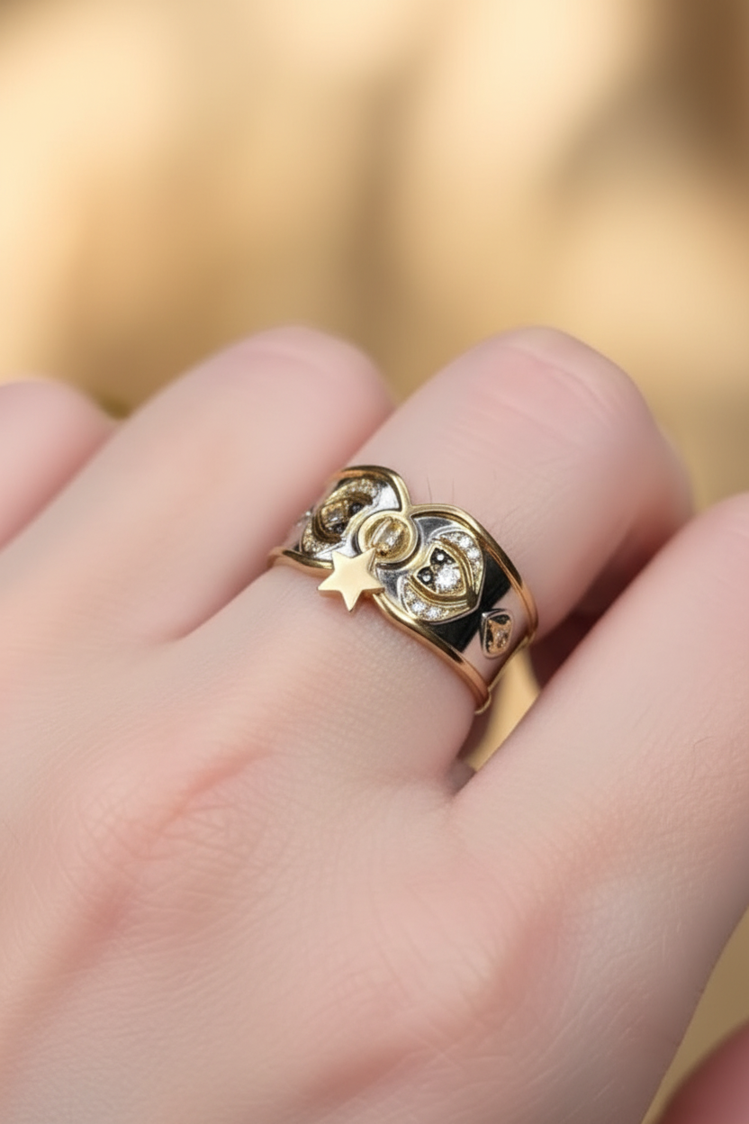bague vintage - neuf - argent massif - poinçon dorure - charms étoile - ajustable - esprit oriental