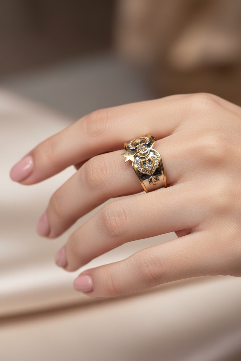 bague vintage - neuf - argent massif - poinçon dorure - charms étoile - ajustable - esprit oriental