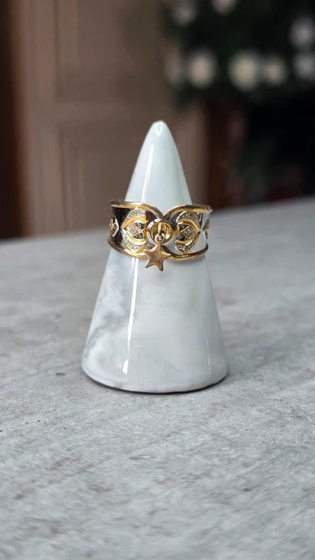 bague vintage - neuf - argent massif - poinçon dorure - charms étoile - ajustable - esprit oriental