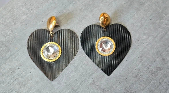boucles d'oreilles vintage années 80 - coeur noir rond doré pierre strass argenté - chic élégant légère
