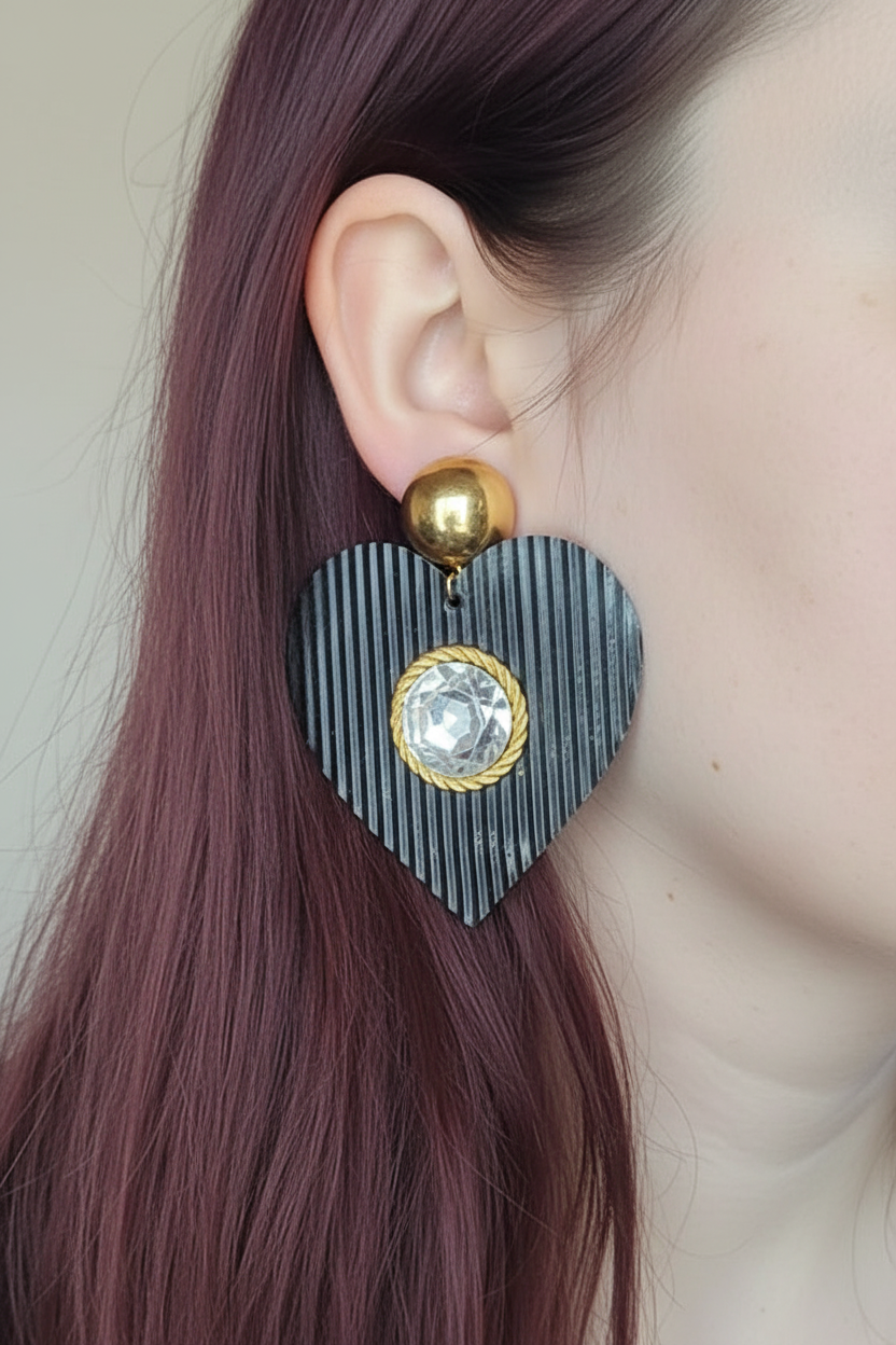 boucles d'oreilles vintage années 80 - coeur noir rond doré pierre strass argenté - chic élégant légère