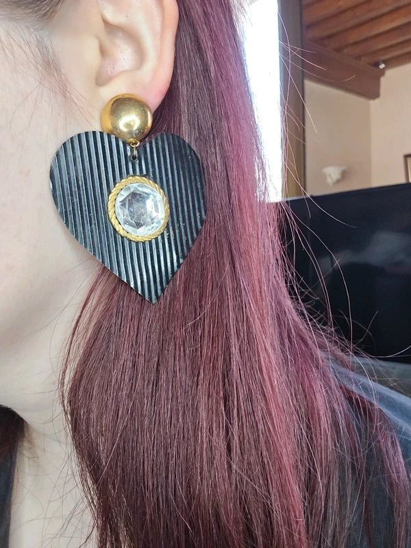 boucles d'oreilles vintage années 80 - coeur noir rond doré pierre strass argenté - chic élégant légère