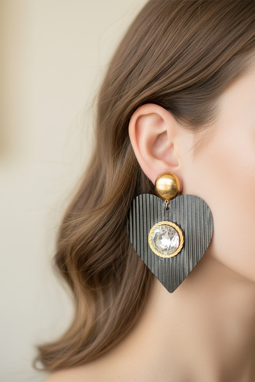 boucles d'oreilles vintage années 80 - coeur noir rond doré pierre strass argenté - chic élégant légère