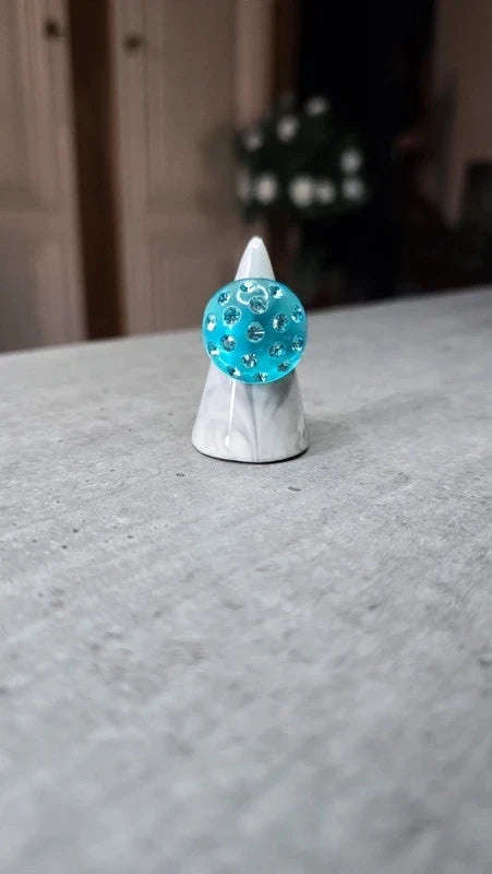 bague vintage - neuf - translucide bleu turquoise - dôme bombé strass brillant - tendance original - 18 mm 57 58