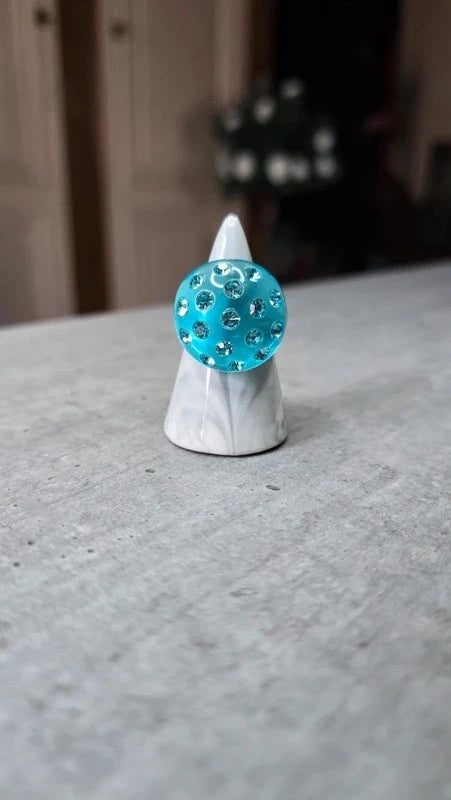 bague vintage - neuf - translucide bleu turquoise - dôme bombé strass brillant - tendance original - 18 mm 57 58