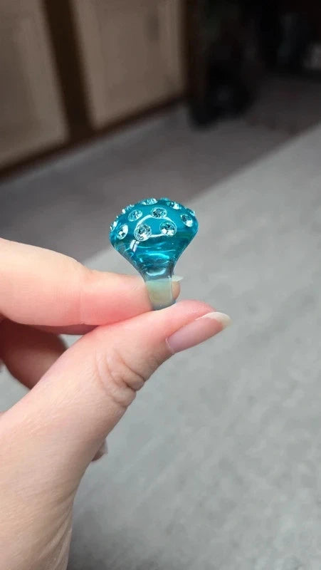 bague vintage - neuf - translucide bleu turquoise - dôme bombé strass brillant - tendance original - 18 mm 57 58