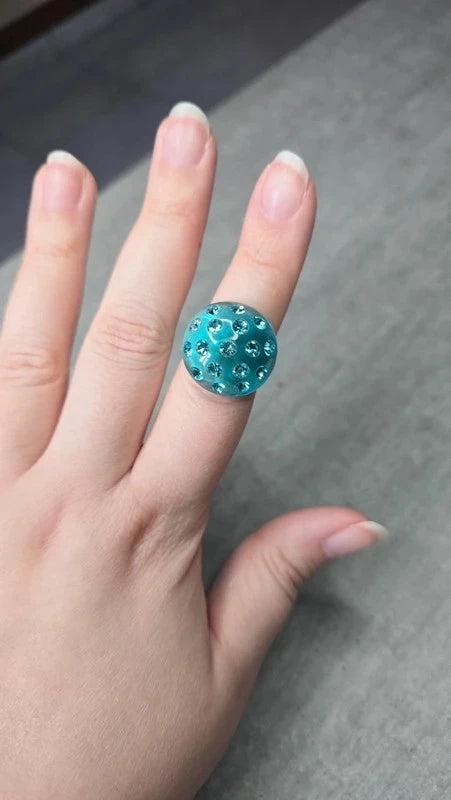 bague vintage - neuf - translucide bleu turquoise - dôme bombé strass brillant - tendance original - 18 mm 57 58