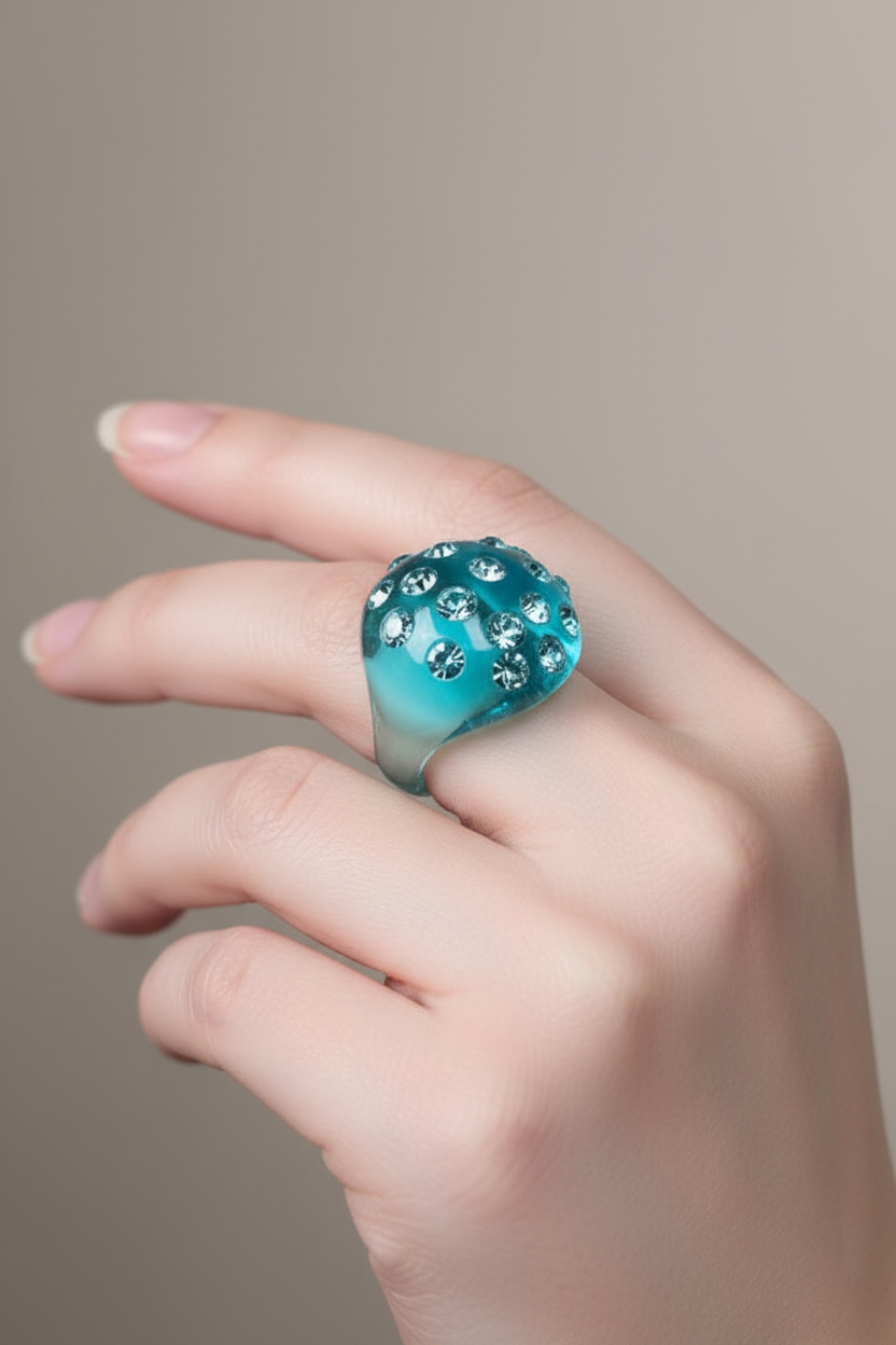 bague vintage - neuf - translucide bleu turquoise - dôme bombé strass brillant - tendance original - 18 mm 57 58