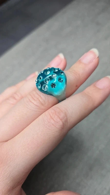 bague vintage - neuf - translucide bleu turquoise - dôme bombé strass brillant - tendance original - 18 mm 57 58