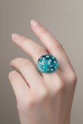 bague vintage - neuf - translucide bleu turquoise - dôme bombé strass brillant - tendance original - 18 mm 57 58