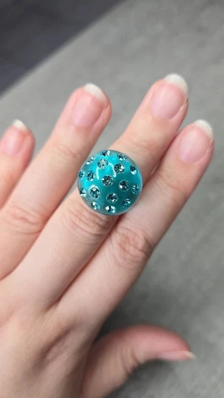 bague vintage - neuf - translucide bleu turquoise - dôme bombé strass brillant - tendance original - 18 mm 57 58