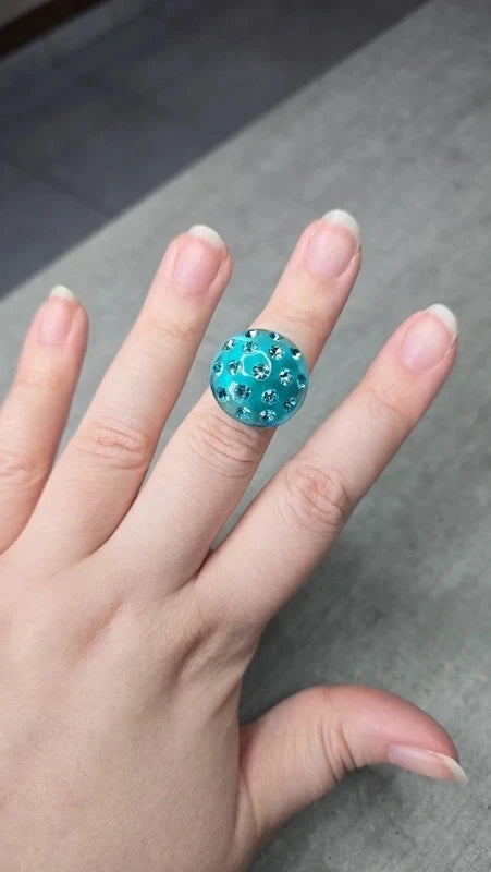 bague vintage - neuf - translucide bleu turquoise - dôme bombé strass brillant - tendance original - 18 mm 57 58