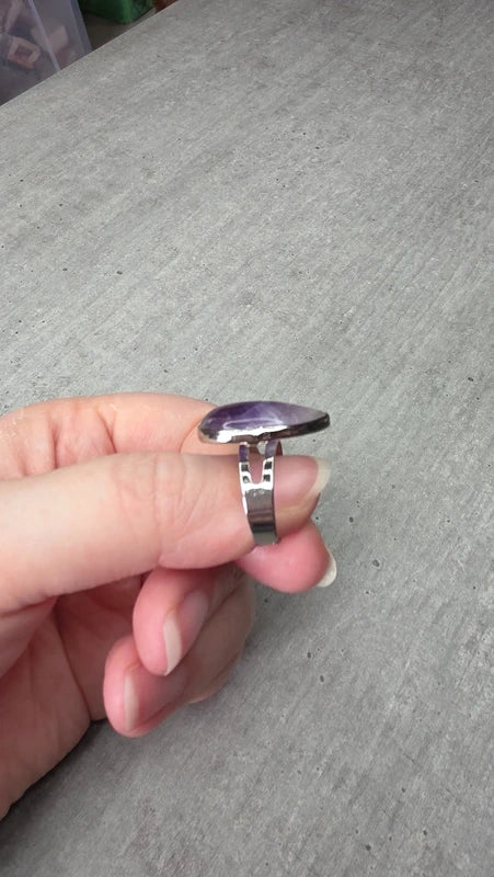 bague acier inoxydable pierre naturelle améthyste forme goutte larme ajustable